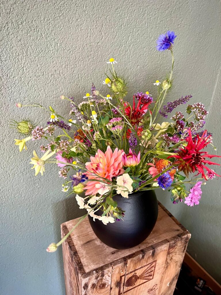 florales Werkstück. Strauss. Blumenstrauss. Blumen aus dem Garten. Einjährige Blumen. 